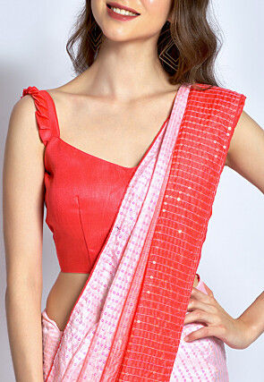 Sequinned Art Silk Saree in Pink and Peach Ombre