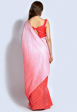 Sequinned Art Silk Saree in Pink and Peach Ombre