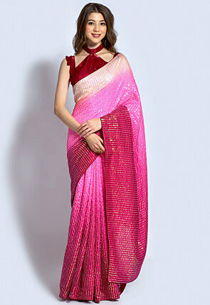 Sequined Art Silk Saree in Pink Ombre sarees