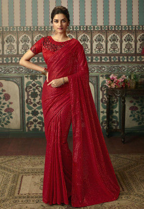 Sequined Georgette Saree in Red