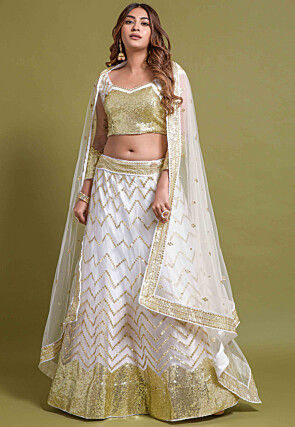 Sequined Net Lehenga in White