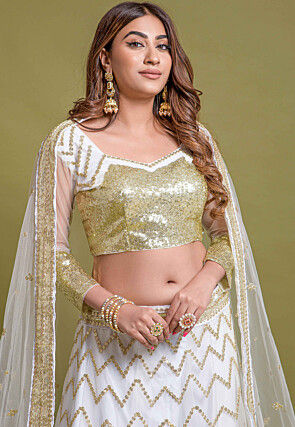 Sequined Net Lehenga in White