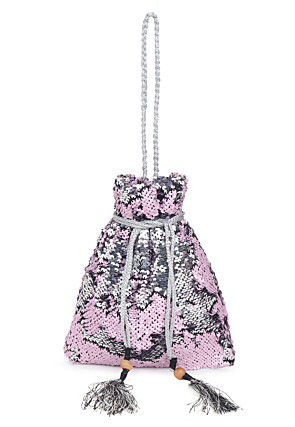 Sequinned Art Silk Potli Bag in Grey and Pink