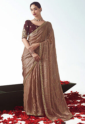Sequinned Art Silk Saree in Brown