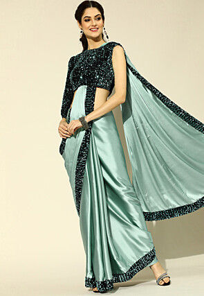 Sequinned Border Satin Saree in Pastel Green