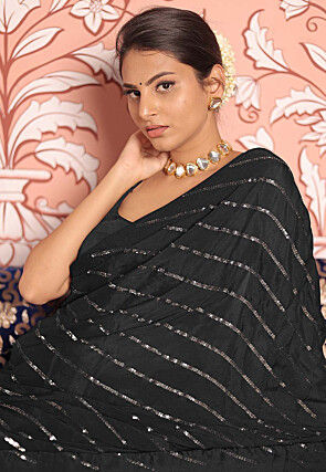 Sequinned Chinon Chiffon Saree in Black