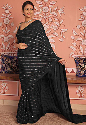 Sequinned Chinon Chiffon Saree in Black