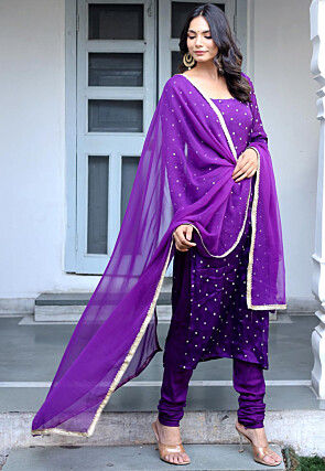 Sequinned Chinon Crepe Straight Suit in Purple