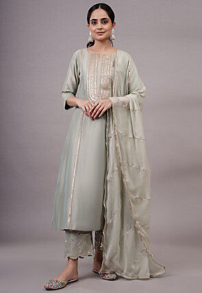 Sequinned Cotton Silk Aline Suit in Dusty Green
