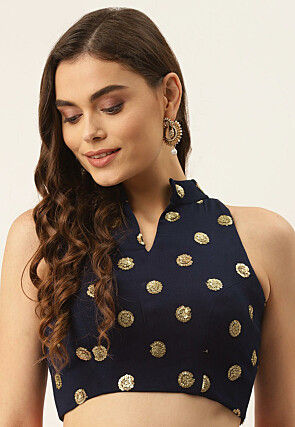 Sequinned Georgette Blouse in Navy Blue