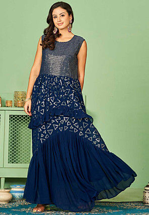 Sequinned Georgette Gown in Blue