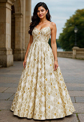 Sequinned Georgette Gown in White