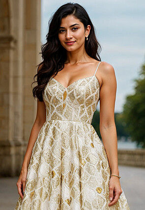 Sequinned Georgette Gown in White