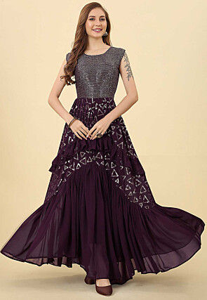 Sequinned Georgette Gown in Wine