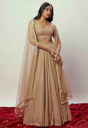 Sequinned Georgette Lehenga in Beige