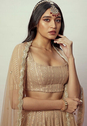 Sequinned Georgette Lehenga in Beige