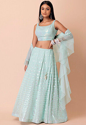 Sequinned Georgette Lehenga in Light Blue