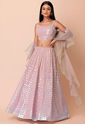Sequinned Georgette Lehenga in Pink