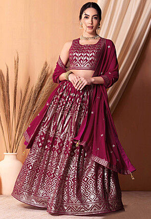 Sequinned Georgette Lehenga in Wine