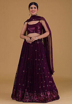 Sequinned Georgette Lehenga in Wine