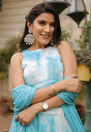 Sequinned Georgette Marble Dyed Lehenga in Blue and White