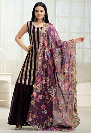Sequinned Georgette Pakistani Suit in Wine