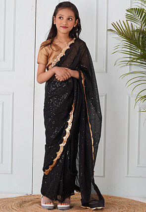 Sequinned Georgette Pre-stitched Saree in Black