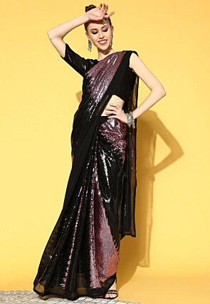 Sequinned Georgette Saree in Black and Peach