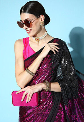 Sequinned Georgette Saree in Black and Pink