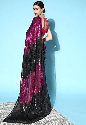 Sequinned Georgette Saree in Black and Pink