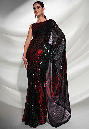 Sequinned Georgette Saree in Black and Red