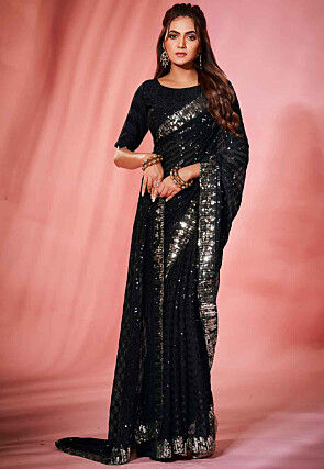 Sequinned Georgette Saree in Black