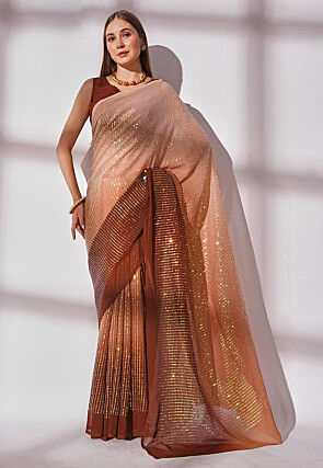 Brown Ombre Self Stripe Fancy Georgette Saree