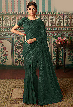 Sequinned Georgette Saree in Dark Green