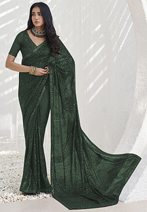 Sequinned Georgette Saree in Dark Green