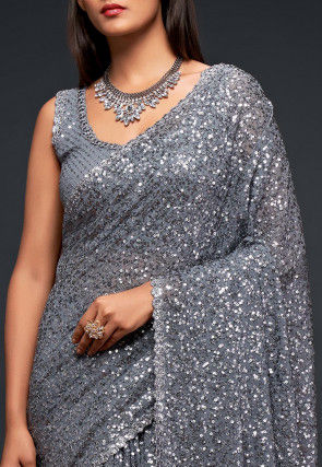 Sequinned Georgette Saree in Grey