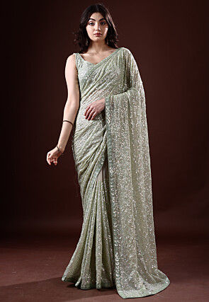 Sequinned Georgette Saree in Light Green
