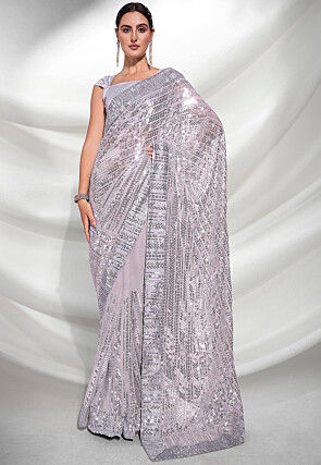 Sequinned Georgette Saree in Light Grey
