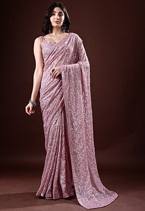 Sequinned Georgette Saree in Dusty Pink