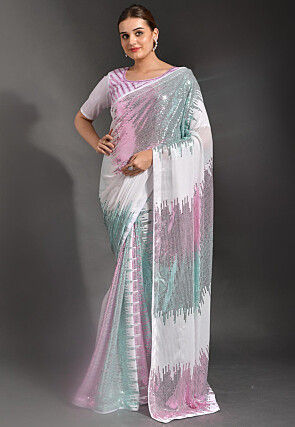 Sequinned Georgette Saree in Multicolor and White