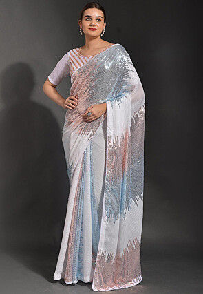 Sequinned Georgette Saree in Multicolor and White