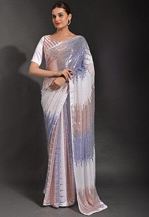 Sequinned Georgette Saree in Multicolor and White