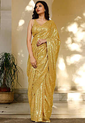 Sequinned Georgette Saree in Mustard