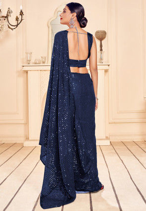 Sequinned Art Silk Saree in Navy Blue