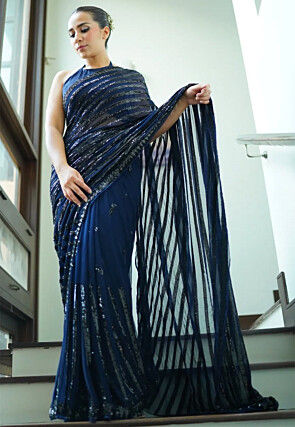 Sequinned Georgette Saree in Navy Blue
