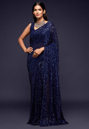 Sequinned Georgette Saree in Navy Blue