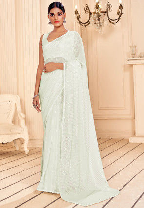 Sequinned Georgette Saree in Off White