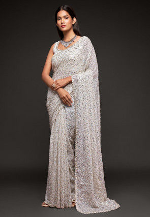 Sequinned Georgette Saree in Off White