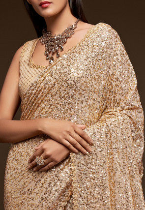 Sequinned Georgette Saree in Beige