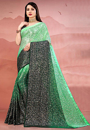 Green Georgette Sequins Cocktail Party Classic Style Saree